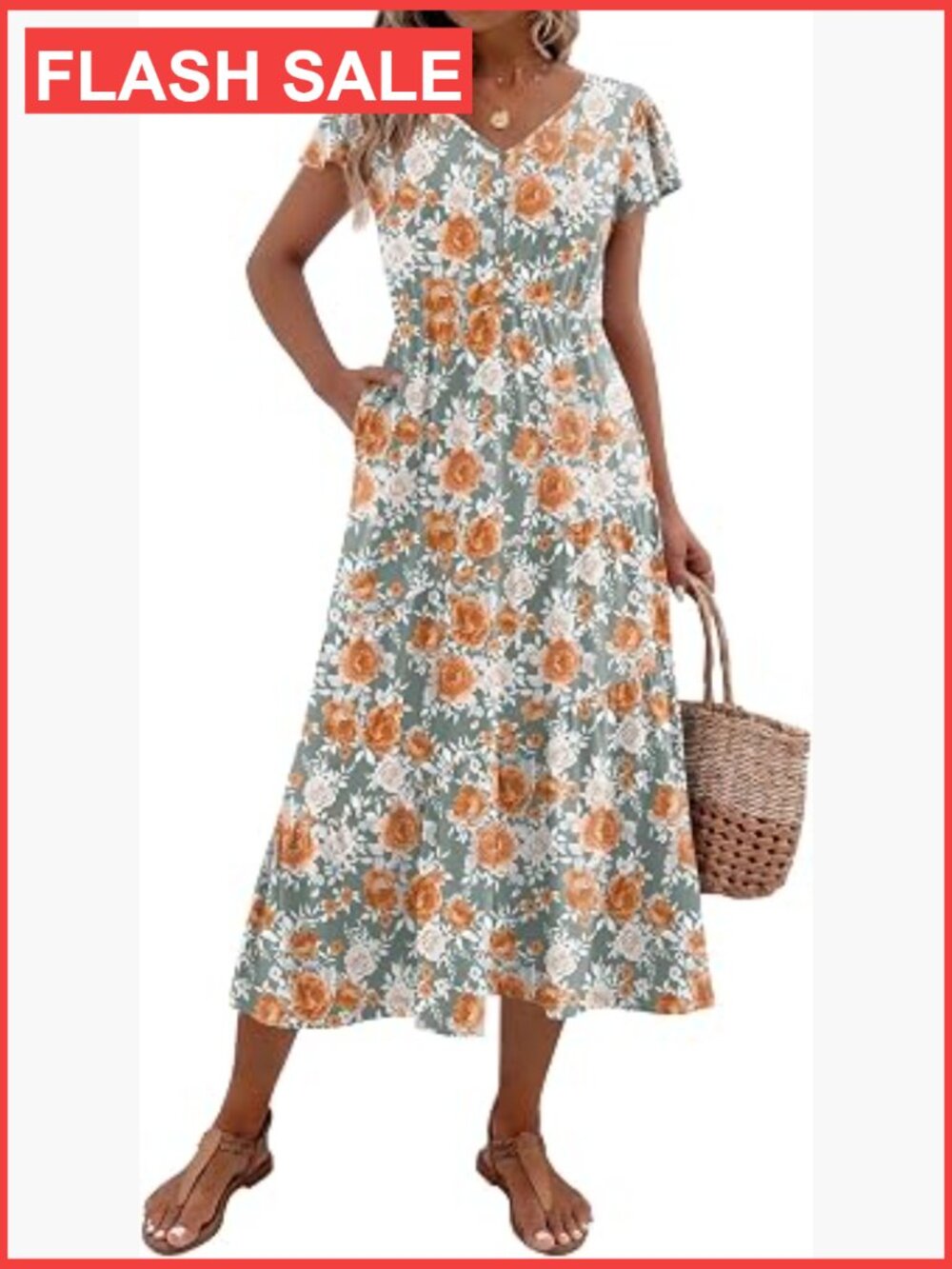 Women's Flutter Sleeve V-Neck Tiered Flowy Midi Dress with Pockets